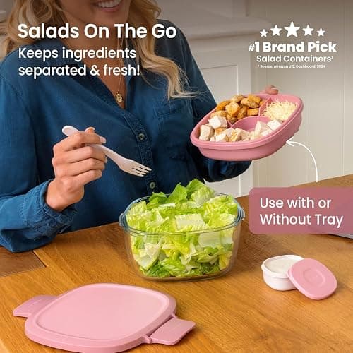 Bentgo Glass Salad Container - 7.6-Cup Salad Bowl with Airtight Lid, Leak-Proof Sauce Container, 4-Compartment Bento Tray & Reusable Fork - BPA-Free for Meal Prep, Office & More (Rose) thumbnail 3