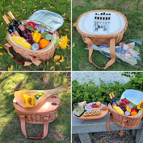 Hap Tim Wicker Picnic Basket Set for 2 with Mini Folding Wine Picnic Table & Large Insulated Cooler Bag & Cutlery Service Kits for 2 Person, Couples Gifts, Wedding Gifts (Y2209-2-CM) - 2 person - Cream White thumbnail 3