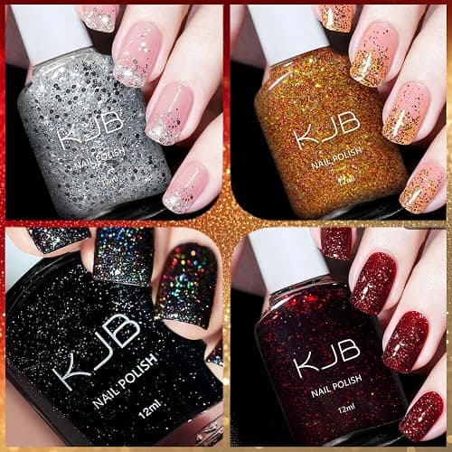 4PCS Glitzer Nagellack Set - Ungiftiger Nagellack Auf Wasserbasis für Mädchen, Shimmer Schnelltrocknender Nail Polish für DIY Nageldesign Maniküre zu Haus, Roter Gold Silber Glitzer (Schwarz) thumbnail 2