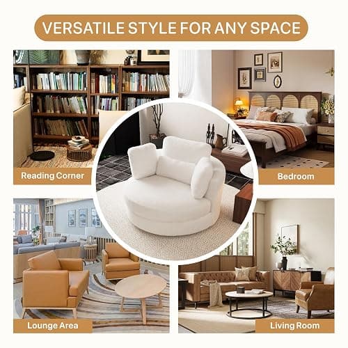 Aortzio 49.6''W Swivel Accent Barrel Chair, Oversized Teddy Fabric Upholstered Round Single Couch Sofa with 4 Pillows for Living Room, Apartment, Bedroom (Ivory). thumbnail 8