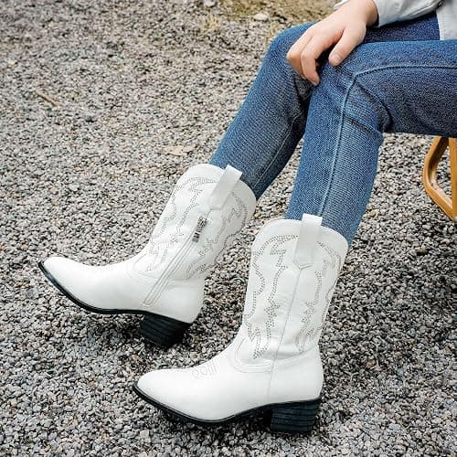 LAURMOSA Girls Cowboy Boots Pull On Cowgirl Boots Pointed Toe Mid Calf Western Boots for Little Kid Big Kid - 3 Big Kid - Rhinestone White thumbnail 7