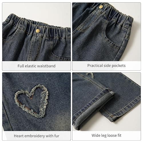 Rolanko Girls Jeans Bootcut Ripped Elasticated Waist Retro Style Denim Pants for Kids Fit - 6-7 Years - Blue Hairyheart thumbnail 5