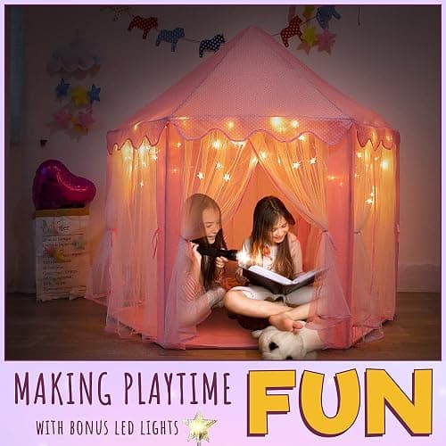 ORIAN Princess Castle Playhouse Tent for Girls with LED Star Lights – Indoor & Outdoor Large Kids Play Tent for Imaginative Games – ASTM Certified, 230 Polyester Taffeta. Pink 55"x53". thumbnail 9