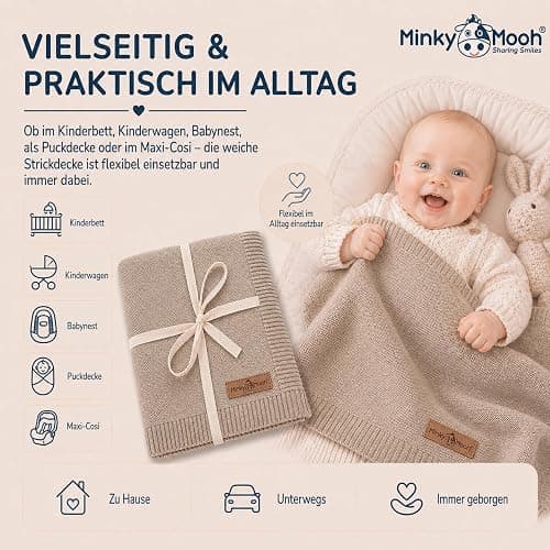 Minky Mooh® - Babydecke aus 100% Bio Baumwolle (Öko-Tex 100) Gr. 94x72cm Taupe - Baby & Kuscheldecke Geschenk für Neugeborene zur Geburt Erstausstattung - Pucktuch & Baumwolldecke Mädchen & Jungen thumbnail 5