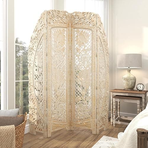 Deco 79 Wood Floral Handmade Foldable Arched Partition 4 Panel Privacy Screen with Intricately Carved Designs, Room Divider 60" x 2" x 72", White thumbnail 7