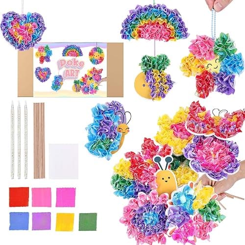 SOLDAY Poke Art Flower Bouquet Craft Kit with Charms for Kids Ages 4-8 8-12 | Includes 6 Poke-art flowers & 8 Hanging charms, Bee, Butterfly, Mess free creative Paper craft activity for gift - Image 1
