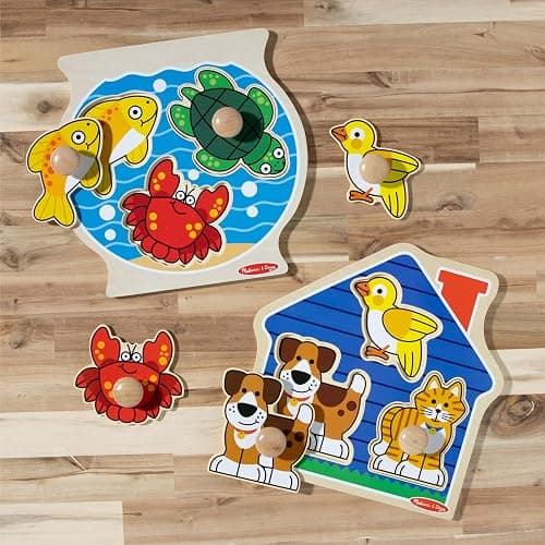 Melissa & Doug Wooden Jumbo Peg Puzzle 2-Pack – Fish Bowl, House Pets, 3-Piece for Toddlers Boys and Girls, Ages 1+ Years thumbnail 9