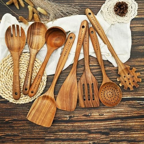 Teak Wooden Spoons for Cooking - 8Pcs Kitchen Utensils Set With Spatulas thumbnail 2