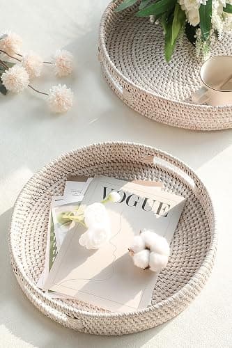 HITOMEN 11.8" Hand-Woven Round Rattan Serving Tray Decorative Wicker Trays with Handles for Coffee Table (Whitewash-M) thumbnail 2