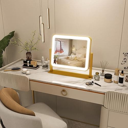 FENNIO Vanity Mirror with Lights 14x12 Inch - Makeup Mirror with Lights Tabletop, 3-Color Dimmable Lighted Mirror, Touch Control Desktop Mirror for Women (Gold) - Gold - 14"L x 12"W thumbnail 6