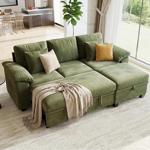 86" Modular Sectional Sleeper Sofa Bed, L Shaped 4 Seat Pull Out Couch with Storage Ottoman, Convertible Cloud Couch Bed, Sectional Couches for Living Room, Apartment (Green) - Image 1