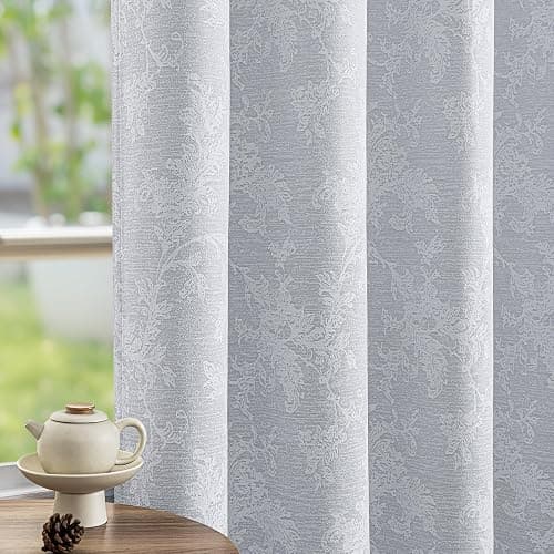 FMFUNCTEX Grey Floral Jacquard Blackout Curtains 84 Inches Long for Bedroom, Scroll Flower Chenille Farmhouse Curtains for Living Room Darkening Thermal Insulated Grommet Window Drapes 2 Panels - Image 1