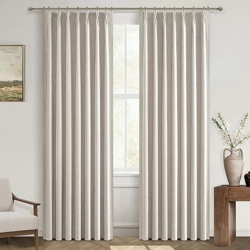 Natural Linen Pinch Pleated Blackout Curtains & Drapes 96 Inch Long Bedroom/Livingroom Farmhouse Curtains 2 Panel Sets, Neutral Track Room Darkening Thermal Insulated 8ft Back Tab Window Curtain - Image 1