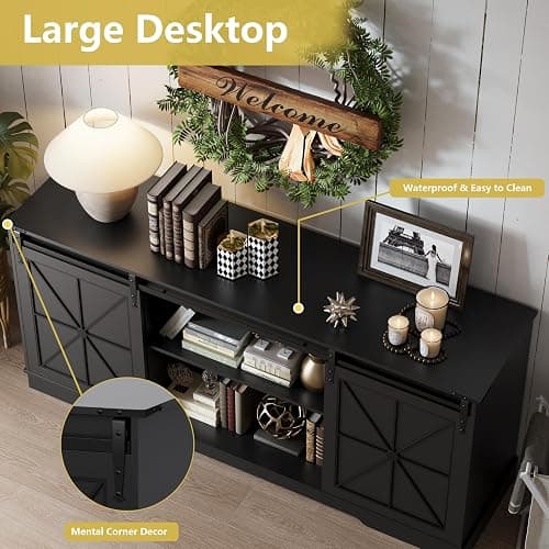 Farmhouse TV Stand for 65/60/55 Inch Tvs, Rustic Entertainment Center with Storage Cabinets & Sliding Barn Doors, Modern Media Console Table, Wood Television Furniture for Living Room, Bedroom, Black thumbnail 6