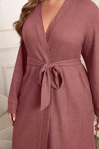 Ekouaer Women's Plus Size Robe Waffle Knit Bathrobe Short Lightweight Kimono Robes with Pockets Maternity Robe 1x-5x thumbnail 3