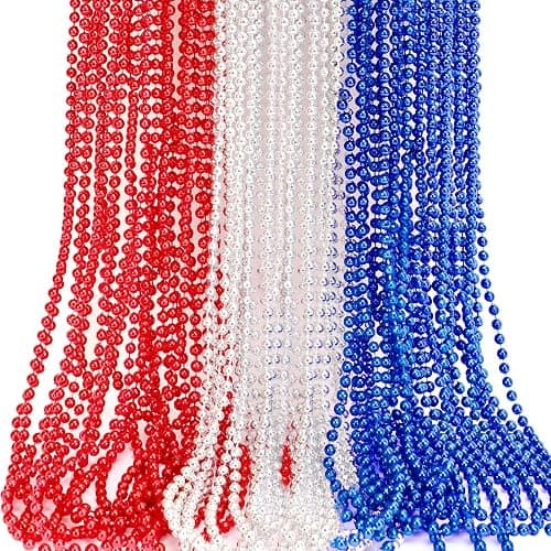 JULBEAR 4th of July Beads Necklaces, 30Pcs Red Silver Blue Metallic Beaded Necklaces for Patriotic Crafts Independent Day Party Favors Masquerade DIY Accessories - Patriotic Style - Image 1