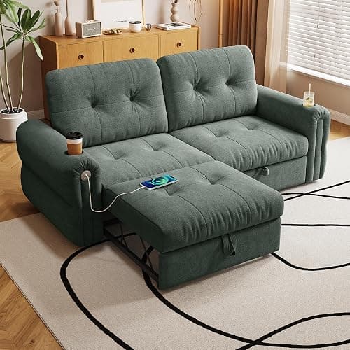 ZHCREAL 77" Queen Size Sofa Bed, Loveseat Sleeper Sofa with Pull Out Bed and USB, 2 Seater Convertible Small Couch for Living Room Bedroom Apartment (Green, Chenille) thumbnail 2