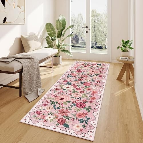DUKINO 2x6 Kitchen Runner Rug for Hallway, Washable Runner Rug with Non Slip Backing, Low Pile Soft Boho Floral Carpet for Girls Room, Kitchen, Entryway, Laundry, Bedroom, Pink thumbnail 4