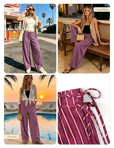Fameetor Women Drawstring Striped Wide Leg Pants Summer Causal Barrel Loose Elastic Low Waist Palazzo Harem Pants Trousers thumbnail 2