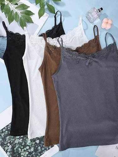 Fourluoo 4 Pack Women's Long Lace Tank Tops Lace Camisole Spaghetti Strap Y2k Slim Fit Tight Basic Soft Cami Patchwork Tops thumbnail 7