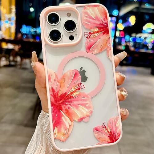 HYUEKOKO Magnetic for iPhone 13 Case & iPhone 14 Case [Compatible with MagSafe] Cute Trendy Hibiscus Flower Pattern Design for Summer Hawaiian, Shockproof Protective Cover for Girls Women-Pink thumbnail 2
