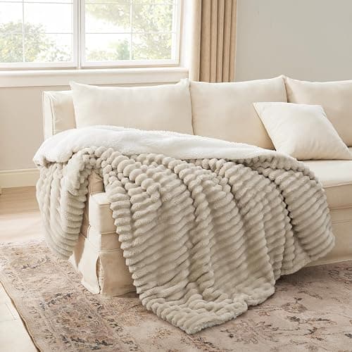 Bedsure Sherpa Fleece Throw Blanket - Fluffy Soft Cosy Winter Blankets, Thick Warm Throws for Bed Single Size, Beige, 130x150cm thumbnail 6