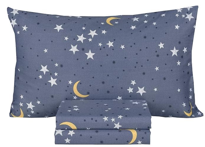 Scientific Sleep Moon & Stars Boys Girls 100% Cotton 3 Pcs Twin Bed Sheet Set Kids Toddler Teen, Flat Sheet & Fitted Sheet & Pillowcase Kids Bedding Set - Image 1