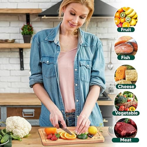 Kiaansh-Kiavi Wood Cutting Boards for Kitchen-Bamboo Cutting Board Set of 3, with Juice Grooves, Thick Chopping Board handles., Large, Natural thumbnail 4