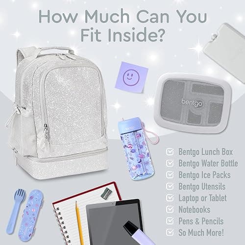 Bentgo Kids 2-in-1 Backpack & Insulated Lunch Bag - Glitter Designed 16” Backpack for School & Travel -, Durable, Water Resistant, Padded, & Large Compartments (Glitter Edition - Silver) thumbnail 4