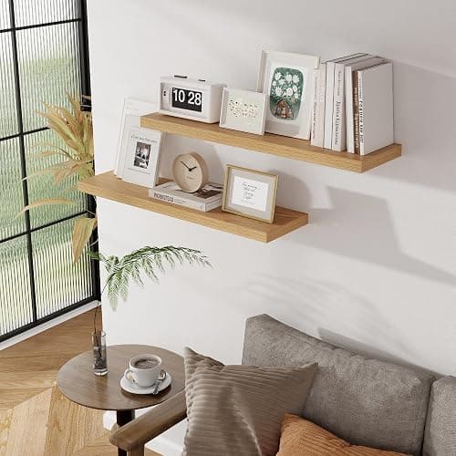 Heimlove 90 cm Floating Shelves 36 Inch Long,9.3 Inch Deep Hanging Shelves Wall Mounted Set of 2,Wood Wall Shelves for Bathroom,Kitchen,Office,Living Room Decor,Oak Color thumbnail 2