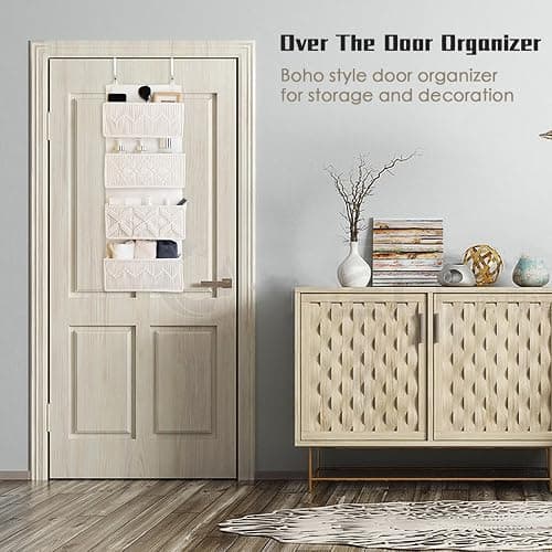 janebeauties Over the Door Organizer Macrame Boho Nursery Storage with 4 Large Woven Pockets, Hanging Basket for Bathroom, Nursery & Closet Doors, Behind the Door Storage Organizer, Cream White thumbnail 6
