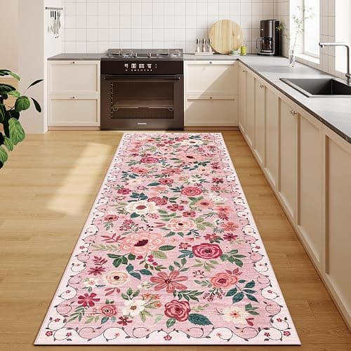DUKINO 2x6 Kitchen Runner Rug for Hallway, Washable Runner Rug with Non Slip Backing, Low Pile Soft Boho Floral Carpet for Girls Room, Kitchen, Entryway, Laundry, Bedroom, Pink - Image 1