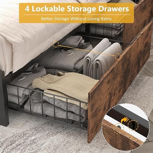 Lifezone Full Bed Frame with 2-Tier Storage Headboard, Metal Platform Bed Frame with 4 Storage Drawers, Built in Charging Station & LED, Noise-Free/Metal Support/No Box Spring Needed, Vintage Brown thumbnail 6