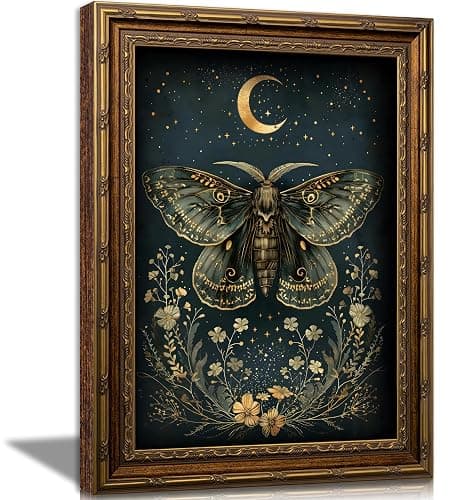 Vintage Gold Framed Butterfly Canvas Wall Art Dark Academia Gothic Moths and Moon Painting Picture Wall Decor Retro Victorian Botanical Insect Flower Poster Print Artwork for Living Room Bedroom - Image 1