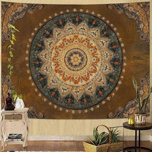 Accnicc Boho Mandala Tapestry Wall Hanging Hippie Bohemian Floral Medallion Indian Tapestry Aesthetic Small Vintage Brown Yellow Meditation Tapestries for Bedroom Living Room Dorm Decor 60 x 44 Inch thumbnail 4