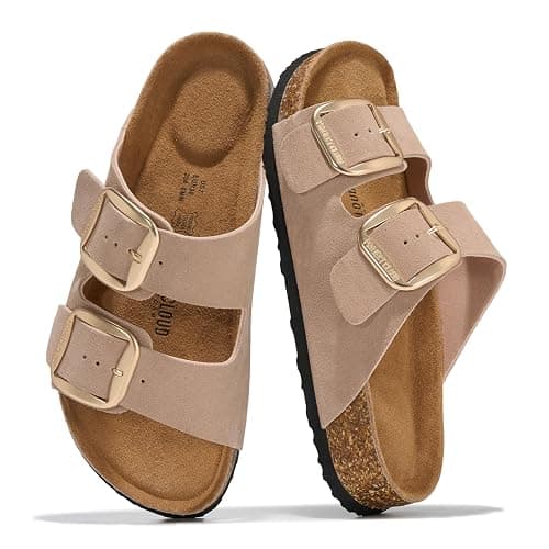 Project Cloud 100% Genuine Leather Footbed Sandals for Women (Santorini) | Comfortable Beach Essentials Womens Sandals Plush Memory Foam Cushioning Vacation Essentials Slides for Women Footwear - Image 1