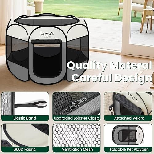 Love's cabin Pet Puppy Dog Playpen, Small Dog Tent Crates Cage Indoor/Outdoor, Portable Playpen for Cat, Foldable Pop Up Dog Kennel Playpen with Carring Case, Removable Zipper Top, Grey thumbnail 5