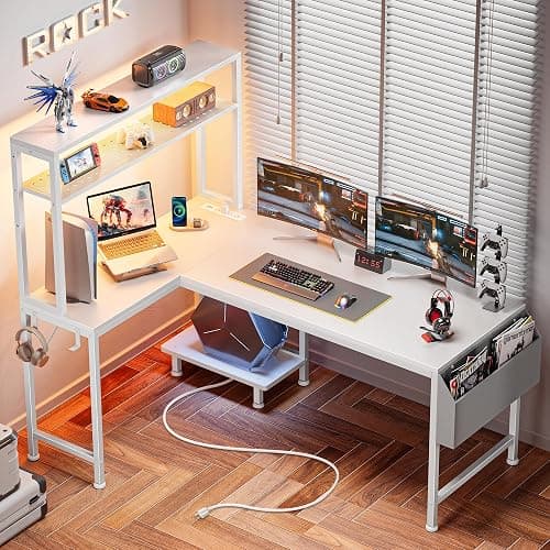 PRAISUN L Shaped Gaming Desk with LED Lights & Power Outlets | Reversible Computer Desk with Storage Shelves & Bag, Large Corner Home Office Desk with Pegboard for Work from Home, White - Image 1