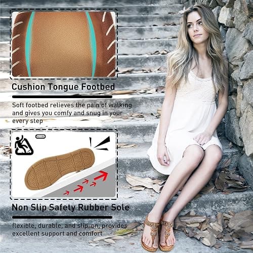 Aomigoct Sandals Women Flat Shoes: Dressy Summer Bohemian Flats Shoes for Women Sandals Comfortable Ankle Strap Outdoor Walking thumbnail 6