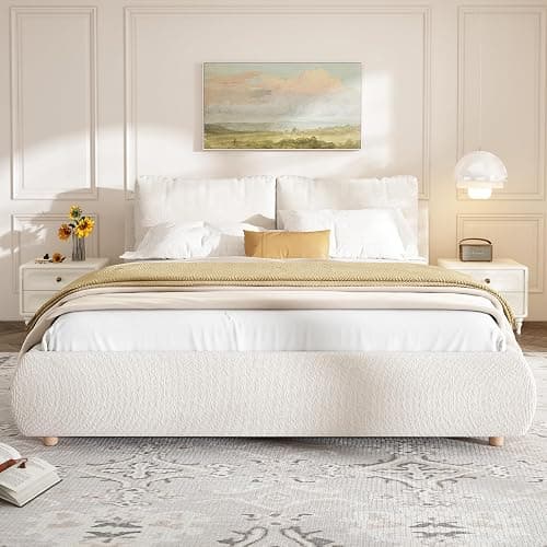 BEDGJH Cozy Queen Size Upholstered Platform Bed Frame with 2 Removable Pillow Headboards, Boucle Fabric, Perfect for Minimalist Bedrooms (White, Queen) thumbnail 5