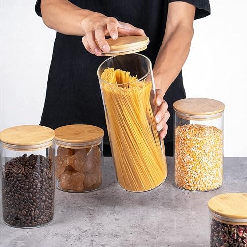 YUNCANG Glass Storage Jars [Set of 5],Clear Glass Food Storage Containers with Airtight Bamboo Lid Stackable Kitchen Canisters for Candy,Cookie,Rice,Sugar,Flour,Pasta,Nuts and Spice Jars - Circular thumbnail 7