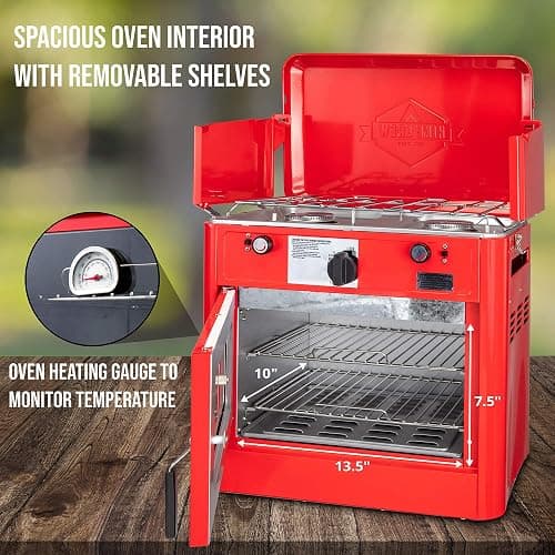 Hike Crew Outdoor Gas Camping Oven w/Carry Bag | CSA Approved Portable Propane-Powered 2-Burner Stove & Oven | Auto Ignition, Overheat Safety Shutoff, Built-In Thermometer | Hose & Regulator Included - Red thumbnail 3