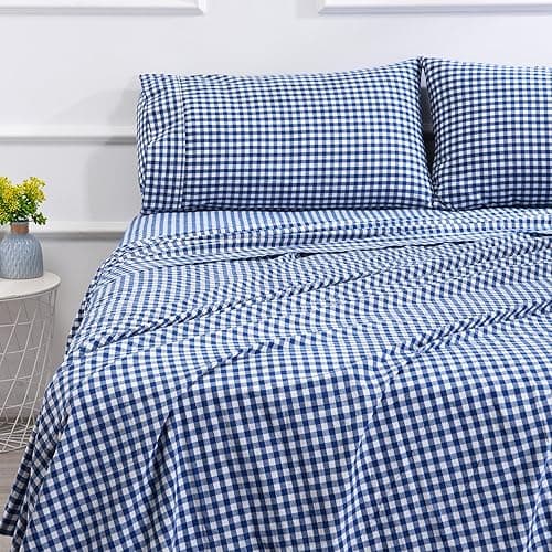 Cotton Queen Sheet Set 4 Piece Gingham Bed Sets, Soft, Smooth, Durable, Easy Care, 16" Deep Pocket Checkered Queen Sheets - 1 Flat, 1 Fitted, 2 Pillowcases Blue Color - Checkered Blue - Queen - Image 1