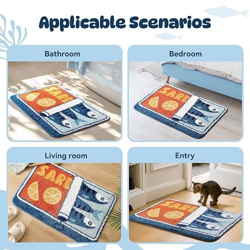 TRUEDAYS Sardine Can Bath Mat, Blue Bathroom Rugs for Bedroom, Soft Washable Rug Non Slip Cute Kitchen Bath Mats for Bathroom Funny Cartoon Fish and Lemon thumbnail 6