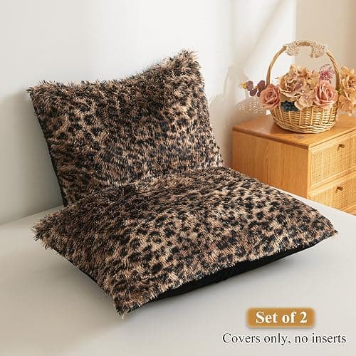 XeGe Fluffy Faux Fur Cheetah Print Pillowcases, Set of 2 Plush Fuzzy Leopard Print Long Bed Pillow Covers, 20x26 Shaggy Furry Pillow Shams with Zipper Bed Couch Sofa, Brown and Black, Standard Size thumbnail 3