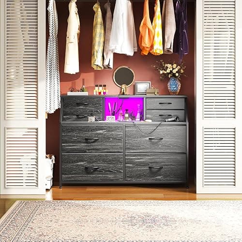 Romorgniz Dresser for Bedroom with Charging Station and LED, Sturdy Chest of Drawers with 8 Drawers and Two Open Shelves for Storage,Bedroom, Living Room,Hallway (Black) - Black thumbnail 7