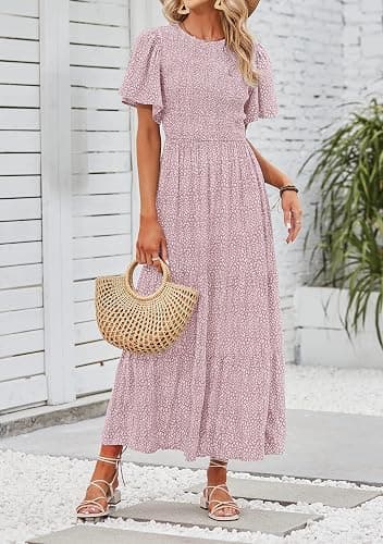 ZESICA Women's 2025 Summer Casual Floral Print Short Flutter Sleeve Crew Neck Smocked High Waist Flowy Maxi Dress - Darkpink - Small thumbnail 5