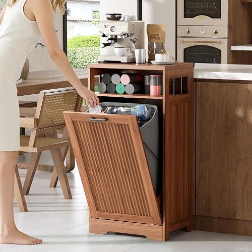 jmhdyg Pet-Proof Single 13 Gallon Tilt Out Trash Can Cabinet with Open Storage – Hide Garbage & Recycling Bins to Keep Your Kitchen Clean and Organized,Walnut thumbnail 2
