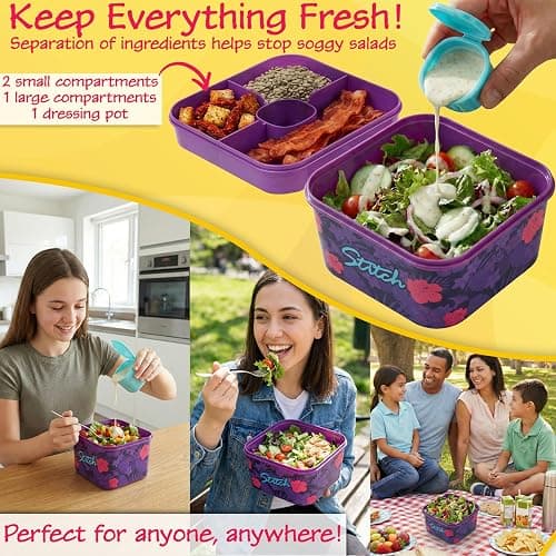 Disney Stitch Salad Container Bento Box for Kids, 70 Oz Portable Lunch Box, Leak Proof, BPA Free Multi Compartment Salad Bowl with Dressing Pot, Food Storage, Gifts For Girls (Multi Stitch) thumbnail 3