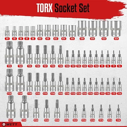WETT Master Torx Bit Socket and External Torx Socket Set, 60-Piece 1/4", 3/8", 1/2" Drive E-Torx Sockets (E4-E24, T6-T70, TT6-TT70, TP8-TP60), S2 and CR-V Steel thumbnail 3